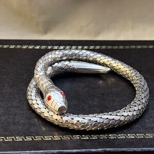 1950’s VTG Silver Plated 1-Coil Snake Bracelet, Ruby Toned Eyes